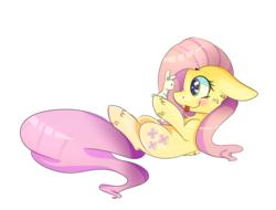 Size: 2576x1959 | Tagged: safe, artist:sunshinejoyyt, fluttershy, pegasus, pony, rabbit, g4, chest fluff, cute, female, floppy ears, folded wings, high res, hoof hold, looking at someone, lying down, mare, on back, outline, profile, shyabetes, simple background, smiling, solo, tongue out, transparent background, white outline, wings