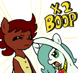 Size: 640x600 | Tagged: safe, artist:ficficponyfic, color edit, edit, oc, oc only, oc:emerald jewel, oc:ruby rouge, colt quest, amulet, boop, child, clothes, color, colored, colt, double boop, dramatic, duo, eyes closed, female, filly, foal, hair over one eye, male, story included, text