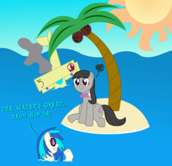 Size: 6250x6031 | Tagged: safe, artist:sketchmcreations, dj pon-3, octavia melody, vinyl scratch, earth pony, pony, unicorn, g4, absurd resolution, annoyed, biplane, bowtie, castaway, coconut, coconut tree, comic, crash, cutie mark, female, food, hooves, horn, inkscape, island, mare, ocean, palm tree, plane, sitting, smiling, stuck, sun, sunglasses, swimming, tree, vector, water