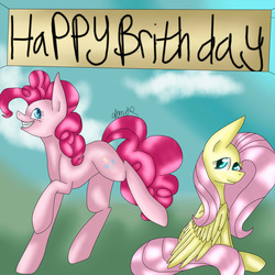 Size: 2000x2000 | Tagged: safe, artist:sweetmelon556, fluttershy, pinkie pie, g4, high res, misspelling, sign