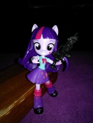 Size: 1024x1365 | Tagged: safe, twilight sparkle, equestria girls, g4, assault rifle, clothes, doll, equestria girls minis, eqventures of the minis, gun, irl, leg warmers, mary janes, photo, pleated skirt, rifle, shoes, skirt, socks, toy, weapon, what has magic done