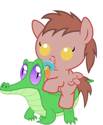 Size: 836x1017 | Tagged: safe, artist:red4567, gummy, oc, oc:chip, pony, g4, baby, baby pony, cute, ocbetes, pacifier, ponies riding gators, riding