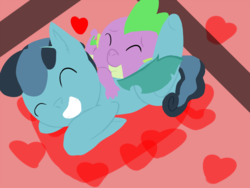 Size: 1024x768 | Tagged: safe, artist:coop909popcoopstrike, crystal hoof, spike, thorax, changeling, g4, the times they are a changeling, disguise, disguised changeling, gay, heart, hug, male, ship:thoraxspike, shipping, snuggling