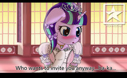 Size: 3200x1967 | Tagged: safe, artist:avchonline, starlight glimmer, pony, unicorn, semi-anthro, g4, baka, blushing, canterlot royal ballet academy, clothes, dress, engrish, female, hair bow, implied twilight sparkle, jewelry, lesbian, letterboxing, mare, necklace, puffy sleeves, s5 starlight, ship:twistarlight, shipping, solo, tiara, tsundere, tsunlight glimmer