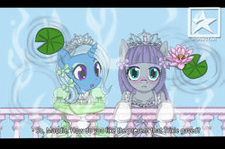 Size: 2800x1856 | Tagged: safe, artist:avchonline, maud pie, trixie, earth pony, pony, unicorn, g4, blushing, bow, canterlot royal ballet academy, clothes, cute, dress, duo, engrish, female, hair bow, jewelry, lesbian, letterboxing, lilypad, looking at you, mare, puffy sleeves, reflection, ship:mauxie, shipping, tiara