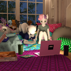 Size: 2000x2000 | Tagged: safe, artist:tahublade7, silver spoon, sweetie belle, anthro, plantigrade anthro, g4, 3d, anthro ponidox, barefoot, blaze the cat, clothes, computer, crossover, daz studio, feet, five nights at freddy's, flower pattern underwear, food, game boy, high res, laptop computer, marionette, panties, pink underwear, pizza, puppet (fnaf2), ship:silverbelle, shipping, sleepover, socks, sonic the hedgehog, sonic the hedgehog (series), tarzan, the pose, underwear