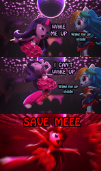 Size: 995x1679 | Tagged: safe, edit, edited screencap, screencap, rainbow dash, twilight sparkle, equestria girls, g4, :<>, armpits, bring me to life, clothes, dance off, dancing, disco ball, doll, doom, dress, equestria girls minis, eqventures of the minis, evanescence, eye contact, female, frown, irl, jumping, lidded eyes, looking at each other, open mouth, outstretched arms, photo, song reference, text, toy, trophy, wat, wide eyes