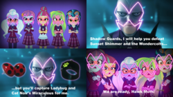 Size: 2560x1440 | Tagged: safe, artist:themexicanpunisher, edit, edited screencap, screencap, indigo zap, lemon zest, sour sweet, sugarcoat, sunny flare, equestria girls, g4, my little pony equestria girls: friendship games, akumatized, clothes, comic, crystal prep academy uniform, hawk moth, miraculous ladybug, school uniform, shadow five, unleash the magic