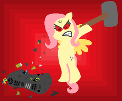 Size: 354x294 | Tagged: safe, artist:threetwotwo32232, fluttershy, pegasus, pony, g4, angry, bipedal, cutie mark, female, gritted teeth, hooves, lineless, mare, sledgehammer, solo, spread wings, wings, xbox