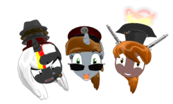 Size: 1280x768 | Tagged: safe, artist:zoroark67, oc, oc only, oc:calamity, oc:littlepip, oc:velvet remedy, pony, unicorn, fallout equestria, 3d, derp, fanfic, fanfic art, female, fire, glasses, gun, handgun, hat, head, horn, looking at you, mare, mmd, open mouth, pile of hats, revolver, simple background, smexual, stimpack, strange hat, sunglasses, transparent background, trio, trio female, unusual hat, weapon
