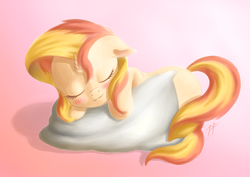 Size: 1024x727 | Tagged: safe, artist:zetamad, sunset shimmer, pony, unicorn, g4, blushing, cute, daaaaaaaaaaaw, eyes closed, female, filly, filly sunset shimmer, pillow, prone, shimmerbetes, sleeping, solo, weapons-grade cute, younger