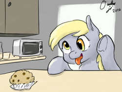 Size: 2000x1500 | Tagged: safe, artist:osakaoji, derpy hooves, pegasus, pony, g4, female, food, kitchen, mare, muffin, solo, tongue out