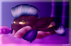 Size: 2300x1500 | Tagged: safe, artist:spirit-dude, thunderlane, pegasus, pony, g4, bed, clothes, curtains, floppy ears, lying down, lying on bed, male, on bed, pillow, prone, socks, solo, stallion, striped socks