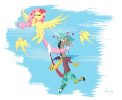 Size: 1688x1388 | Tagged: dead source, safe, artist:praysforaprankster, discord, fluttershy, bird, draconequus, parrot, pegasus, pony, dungeons and discords, g4, clothes, duo, eyes closed, female, flower, flower in hair, hat, heart, male, mare, puerto caballo, sandals, ship:discoshy, shipping, shorts, sky, straight, sun hat