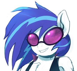 Size: 686x631 | Tagged: safe, artist:grissaecrim, dj pon-3, vinyl scratch, anthro, g4, female, looking at you, smiling, solo, sunglasses