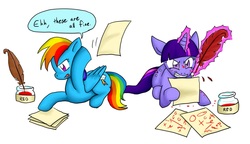 Size: 1235x711 | Tagged: safe, artist:lemurcat, rainbow dash, twilight sparkle, pegasus, pony, unicorn, g4, angry, correction, duo, glowing horn, gritted teeth, horn, ink, ink stain, lazy, magic, pages, paper, proofreading, quill, simple background, speech bubble, telekinesis