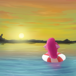 Size: 2000x2000 | Tagged: safe, artist:vanillaghosties, pinkie pie, g4, female, floppy ears, flotation device, high res, ocean, solo, sunset, water