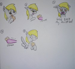 Size: 1347x1239 | Tagged: safe, artist:ponypoet21, derpy hooves, pegasus, pony, g4, female, food, mare, muffin, traditional art