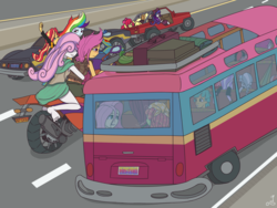 Size: 2048x1536 | Tagged: safe, artist:blackdeathhatter, apple bloom, applejack, diamond tiara, fluttershy, rainbow dash, rarity, scootaloo, silver spoon, snails, sunset shimmer, sweetie belle, tree hugger, equestria girls, g4, bus, car, clothes, dress, female, lesbian, motorcycle, road trip, ship:scootabelle, shipping