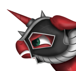 Size: 3000x2800 | Tagged: safe, artist:ilynalta, big macintosh, pony, unicorn, dungeons and discords, g4, bust, floppy ears, gritted teeth, helmet, high res, horned helmet, male, portrait, profile, race swap, simple background, sir mcbiggen, solo, stallion, transparent background, unicorn big mac