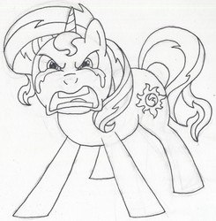 Size: 1695x1728 | Tagged: safe, artist:sugar-loop, sunset shimmer, pony, unicorn, equestria girls, g4, angry, crying, female, furious, looking at you, monochrome, newbie artist training grounds, open mouth, solo, traditional art