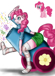 Size: 1100x1511 | Tagged: safe, artist:leonardofrei, pinkie pie, earth pony, anthro, g4, clothes, female, midriff, party cannon, short shirt, socks, solo, striped socks