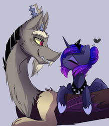 Size: 2437x2800 | Tagged: safe, artist:elementalokami, discord, princess luna, g4, cute, high res, male, ship:lunacord, shipping, straight