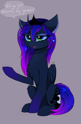 Size: 1268x1920 | Tagged: safe, artist:magnaluna, princess luna, alicorn, pony, g4, bat wings, chest fluff, crown, curved horn, did you just assume my gender?, ear fluff, eyeshadow, female, fluffy, gender, gradient eyes, gray background, horn, jewelry, leg fluff, makeup, open mouth, raised hoof, regalia, simple background, sitting, social justice warrior, solo, speech bubble, triggered, wings