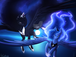 Size: 1280x960 | Tagged: safe, artist:katiefrog217, princess luna, oc, alicorn, pony, g4, alicorn oc, flying, moon, watermark