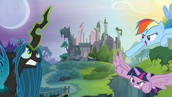 Size: 855x482 | Tagged: safe, queen chrysalis, rainbow dash, twilight sparkle, alicorn, changeling, changeling queen, pegasus, pony, g4, official, angry, castle of the royal pony sisters, female, flying, game, guardians of harmony, mare, minigame, twilight sparkle (alicorn)