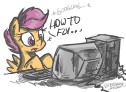 Size: 2002x1457 | Tagged: safe, artist:flutterthrash, scootaloo, pegasus, pony, g4, computer, dialogue, female, keyboard, newbie artist training grounds, open mouth, scootaloo can't fly, simple background, solo, white background