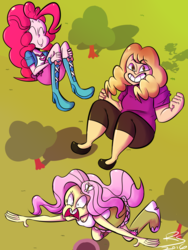 Size: 3000x4000 | Tagged: safe, artist:rodscorpion, fluttershy, pinkie pie, bronycon 2016, equestria girls, g4, andrea libman, boots, breasts, cleavage, clothes, cute, female, high heel boots, high heels, shoes, skirt, socks, tank top, trampoline, voice actor