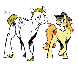 Size: 1280x1082 | Tagged: safe, artist:rwl, braeburn, bulk biceps, earth pony, pegasus, pony, g4, blushing, bulkburn, crack shipping, date, everypony's gay for braeburn, flower, gay, male, rose, shipping, stallion