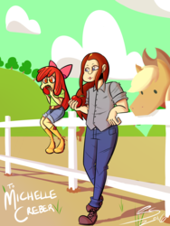 Size: 3000x4000 | Tagged: safe, artist:rodscorpion, apple bloom, applejack, bronycon 2016, equestria girls, g4, boots, bow, clothes, jeans, michelle creber, pants, red hair, shirt, shoes, voice actor