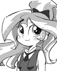 Size: 500x623 | Tagged: safe, artist:k-nattoh, sunset shimmer, equestria girls, g4, alternate hairstyle, cute, female, grayscale, moe, monochrome, necktie, ponytail, shimmerbetes, simple background, solo, white background
