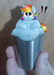 Size: 1223x1709 | Tagged: safe, artist:dullpoint, rainbow dash, pony, g4, belly button, chest fluff, chubby, cup, cup of pony, exclamation point, fat, hand, irl, large belly, micro, obese, photo, ponies in real life, rainblob dash, tiny ponies
