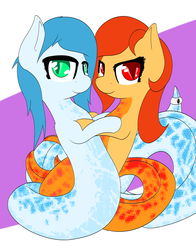 Size: 4224x5386 | Tagged: source needed, safe, artist:ampderg, oc, oc only, oc:arctic scales, oc:volcanic scales, lamia, original species, absurd resolution, cuddling, cute, mood ring, sisters, snuggling