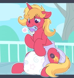 Size: 1219x1280 | Tagged: safe, artist:cuddlehooves, oc, oc only, oc:audio stutter, adult foal, crib, diaper, heart, hypnosis, non-baby in diaper, pacifier, poofy diaper, solo, swirly eyes