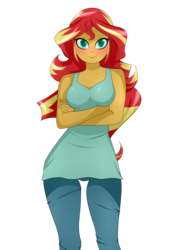 Size: 2000x2700 | Tagged: safe, artist:backgrounduser, sunset shimmer, equestria girls, g4, breasts, busty sunset shimmer, clothes, crossed arms, cute, female, high res, looking at you, pants, simple background, smiling, solo, tank top, transparent background