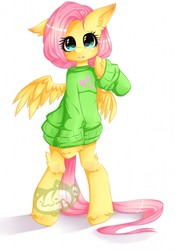 Size: 905x1280 | Tagged: safe, artist:erdbeerjoghurt, fluttershy, semi-anthro, g4, blushing, bottomless, clothes, cute, female, looking at you, partial nudity, shyabetes, simple background, solo, sweater, sweatershy, watermark
