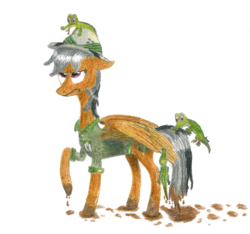 Size: 2656x2489 | Tagged: safe, artist:pony-from-everfree, daring do, crocodile, g4, clothes, female, hat, high res, hoofprints, mud, shirt, solo, traditional art