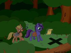 Size: 1024x768 | Tagged: safe, artist:soanos, oc, oc only, earth pony, pony, unicorn, forest, magic, mouth hold, saddle bag, scroll, shovel, x