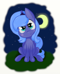 Size: 1181x1458 | Tagged: safe, artist:springveil, princess luna, g4, female, filly, looking at you, moon, night, smiling, solo, woona