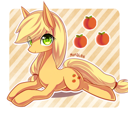 Size: 800x728 | Tagged: safe, artist:yunajee, applejack, g4, female, hatless, missing accessory, prone, solo