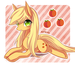 Size: 800x728 | Tagged: safe, artist:yunajee, applejack, g4, female, hatless, loose hair, missing accessory, prone, solo