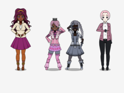 Size: 800x600 | Tagged: safe, artist:icicle-nicicle-1517 kisekae, diamond tiara, saffron masala, silver spoon, zesty gourmand, human, g4, adorabullies, anklet, barefoot, belt, boots, bracelet, clothes, coat, cute, dark skin, ear piercing, earring, feet, female, fishnet stockings, frilly socks, glasses, gloves, group, humanized, jewelry, kisekae, light skin, necklace, pants, piercing, pleated skirt, ponytail, sandals, shorts, side ponytail, simple background, skirt, socks, stockings, striped socks, thumbs down, white background