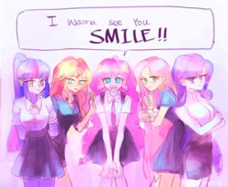 Size: 1261x1035 | Tagged: safe, artist:dusty-munji, angel bunny, fluttershy, pinkie pie, rarity, sunset shimmer, twilight sparkle, equestria girls, g4, clothes, humanized, miniskirt, ponytail, skirt