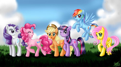 Size: 1280x711 | Tagged: safe, artist:mana-kyusai, applejack, fluttershy, pinkie pie, rainbow dash, rarity, twilight sparkle, earth pony, pegasus, pony, unicorn, g4, deviantart watermark, mane six, obtrusive watermark, unicorn twilight, watermark