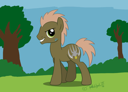 Size: 1300x936 | Tagged: safe, artist:reptilecynrik, oc, oc only, oc:reptilecynrik, pony, cutie mark, looking at you, male, old version, ponified, signature, smiling, solo, stallion, tree, walking