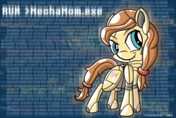 Size: 1492x1000 | Tagged: dead source, safe, artist:fillerartist, oc, oc only, oc:cream heart, pony, robot, robot pony, binary, command, error, glitch, lip bite, solo, text